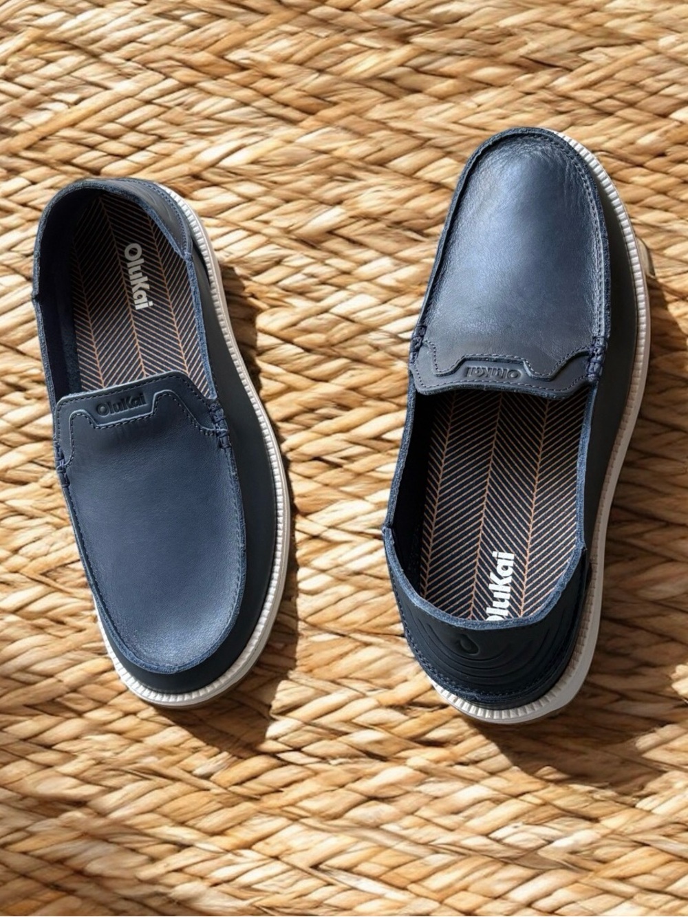 OluKai Kākaha Nia Men’s Navy Blue Leather Slip-On Shoes - Picture 2 of 16